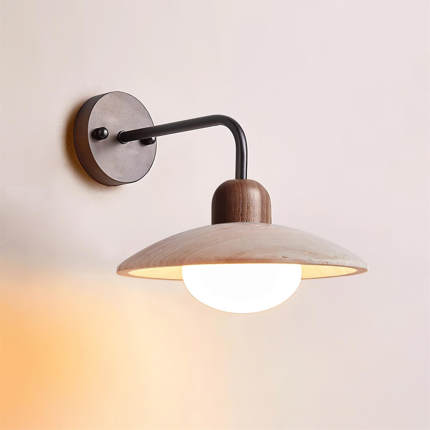 Carolia Modern Wall Lamp - Yellow Travertine Shade & Brass Arm, Damp Rated Sconce for Indoor/Outdoor Use