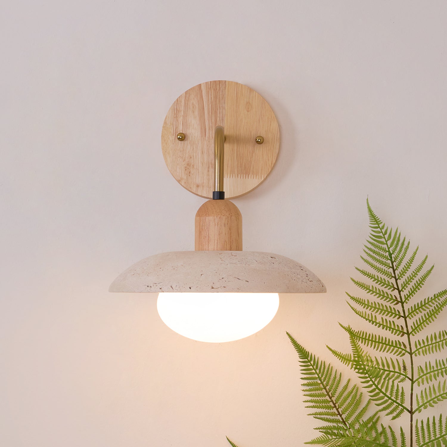 Carolia Modern Wall Lamp - Yellow Travertine Shade & Brass Arm, Damp Rated Sconce for Indoor/Outdoor Use
