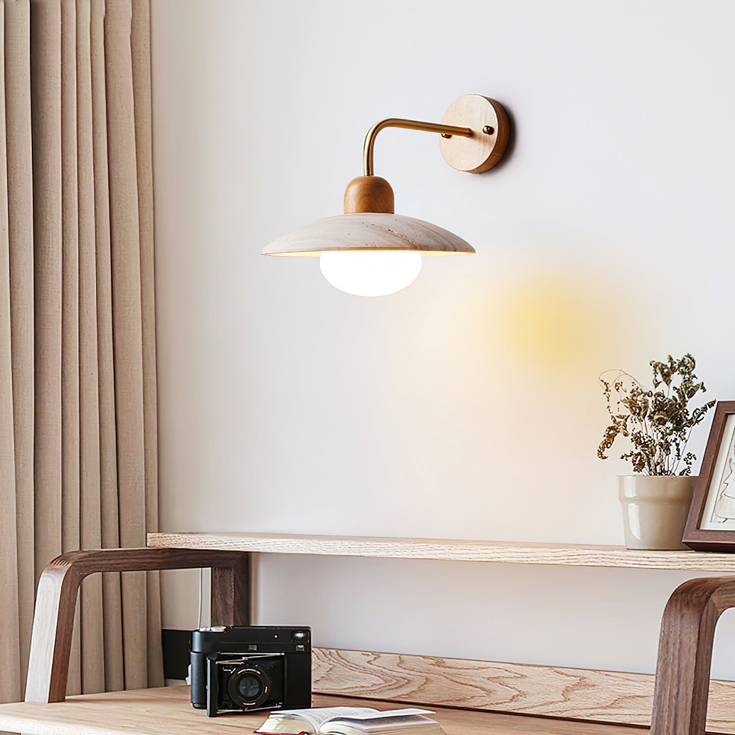 Carolia Modern Wall Lamp - Yellow Travertine Shade & Brass Arm, Damp Rated Sconce for Indoor/Outdoor Use