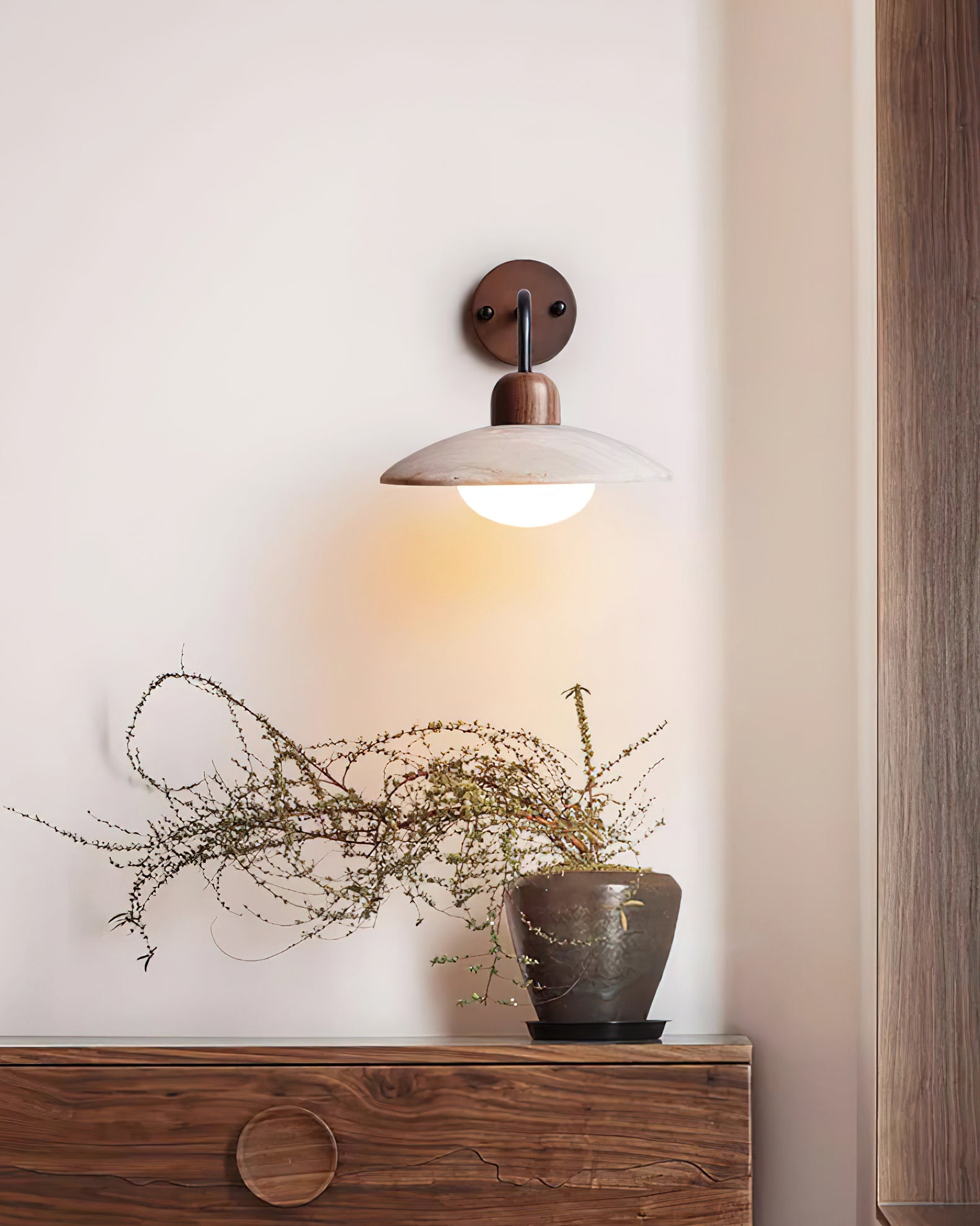 Carolia Modern Wall Lamp - Yellow Travertine Shade & Brass Arm, Damp Rated Sconce for Indoor/Outdoor Use