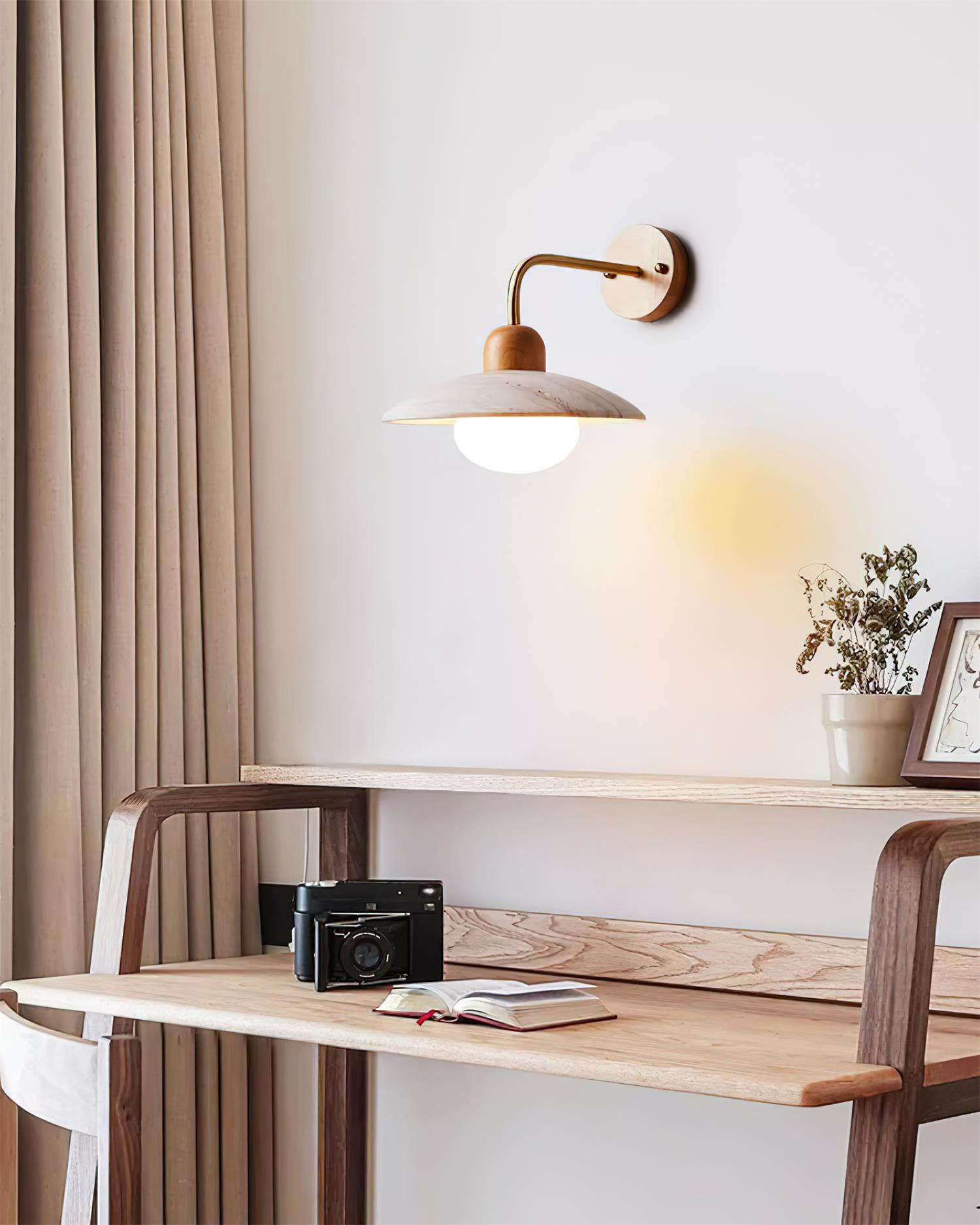 Carolia Modern Wall Lamp - Yellow Travertine Shade & Brass Arm, Damp Rated Sconce for Indoor/Outdoor Use