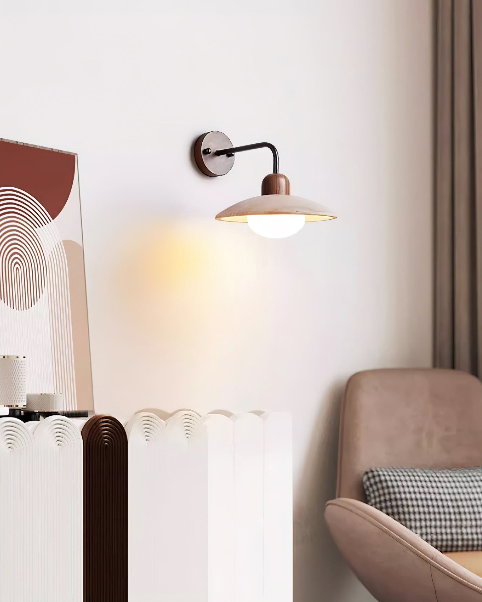Carolia Modern Wall Lamp - Yellow Travertine Shade & Brass Arm, Damp Rated Sconce for Indoor/Outdoor Use