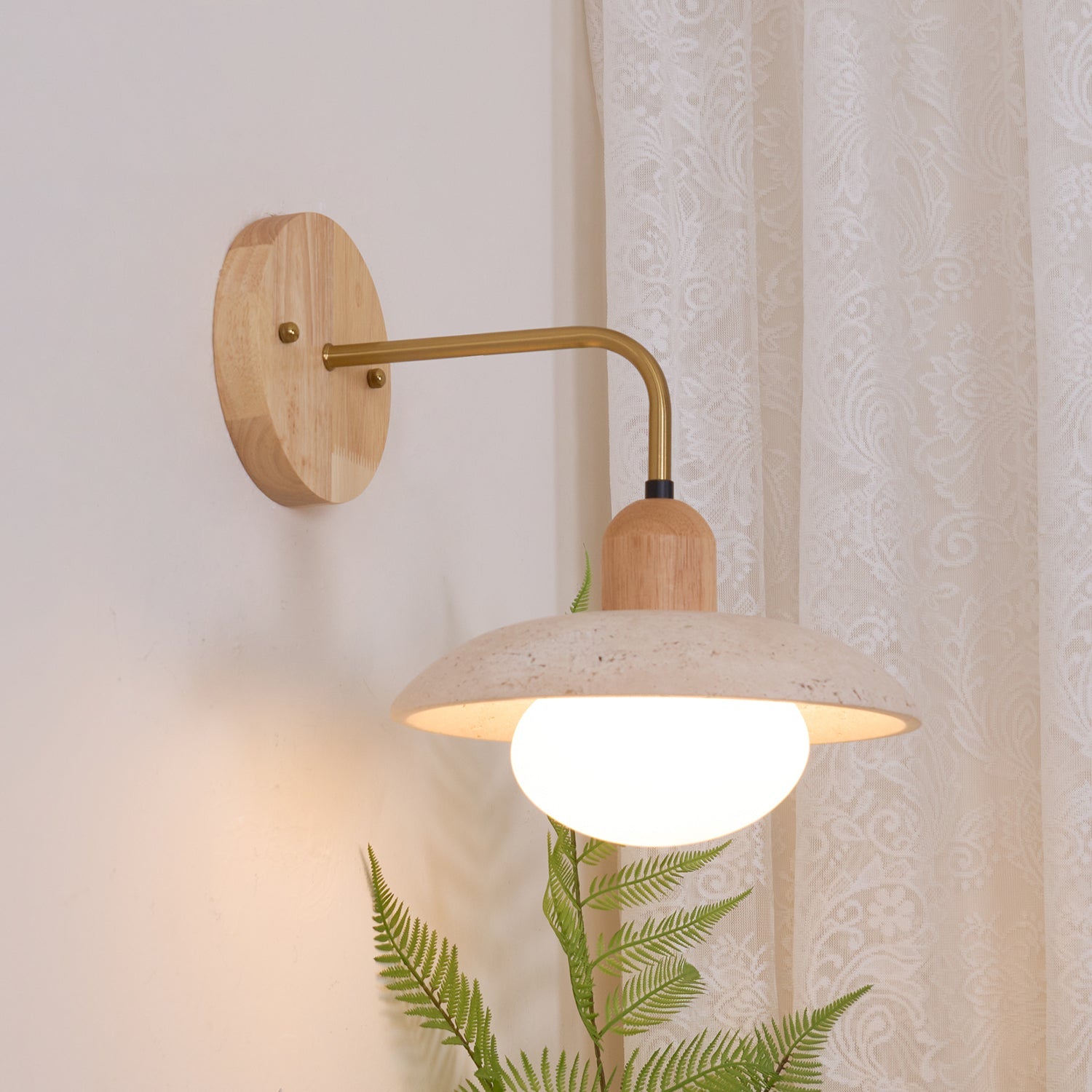 Carolia Modern Wall Lamp - Yellow Travertine Shade & Brass Arm, Damp Rated Sconce for Indoor/Outdoor Use
