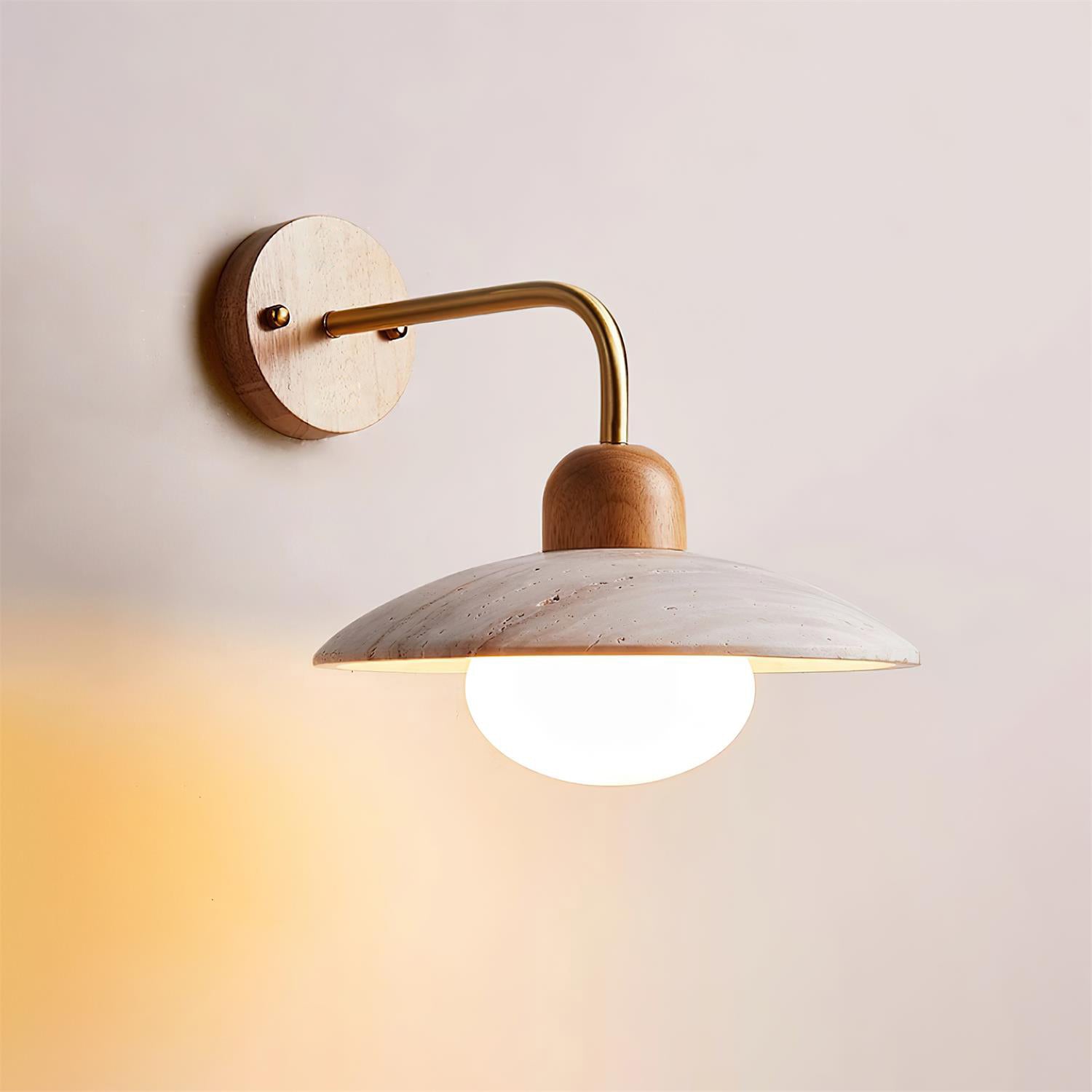 Carolia Modern Wall Lamp - Yellow Travertine Shade & Brass Arm, Damp Rated Sconce for Indoor/Outdoor Use