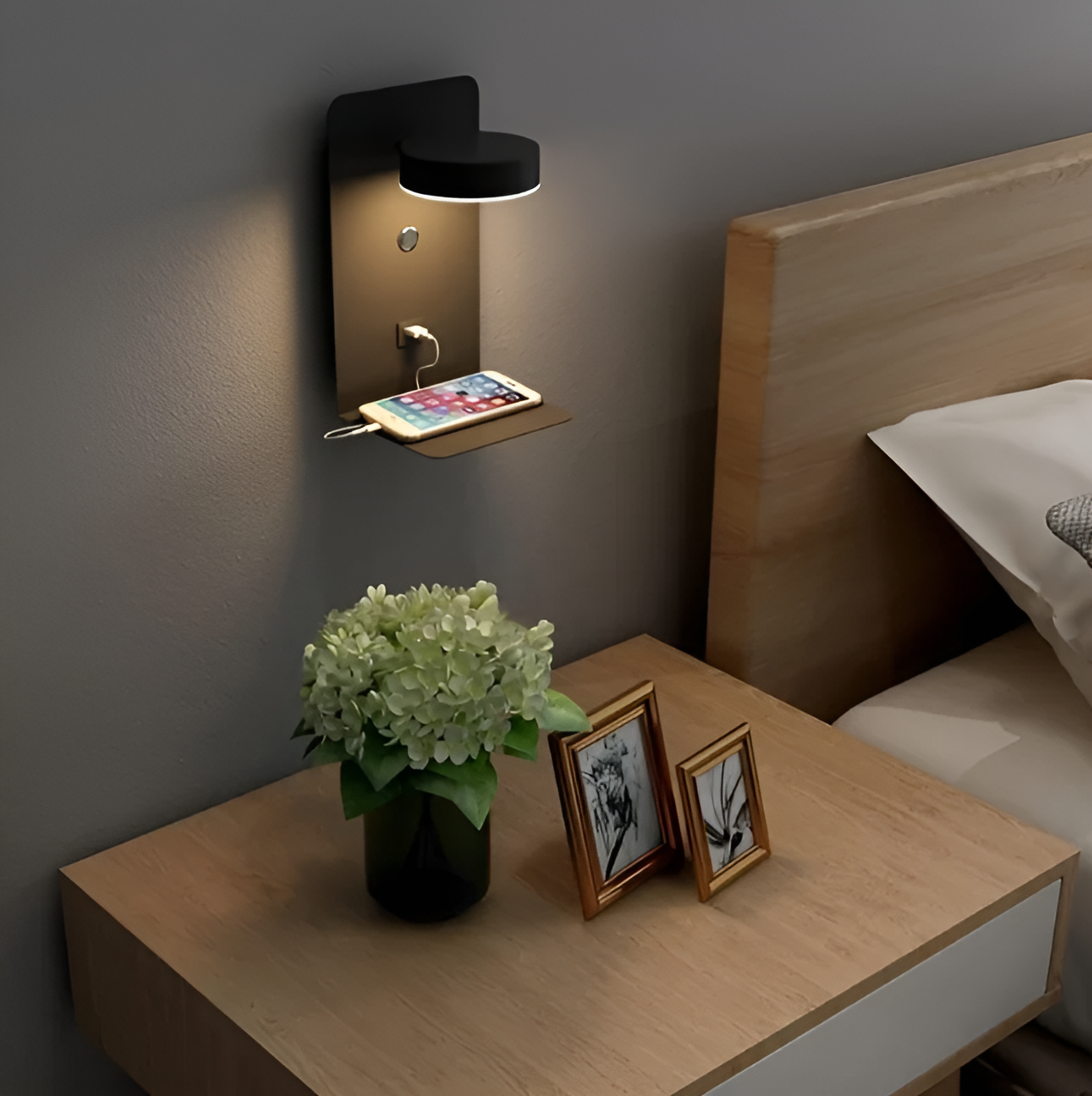 GlowNook | Wall Shelf Light – Dimmable USB Bedside Lamp