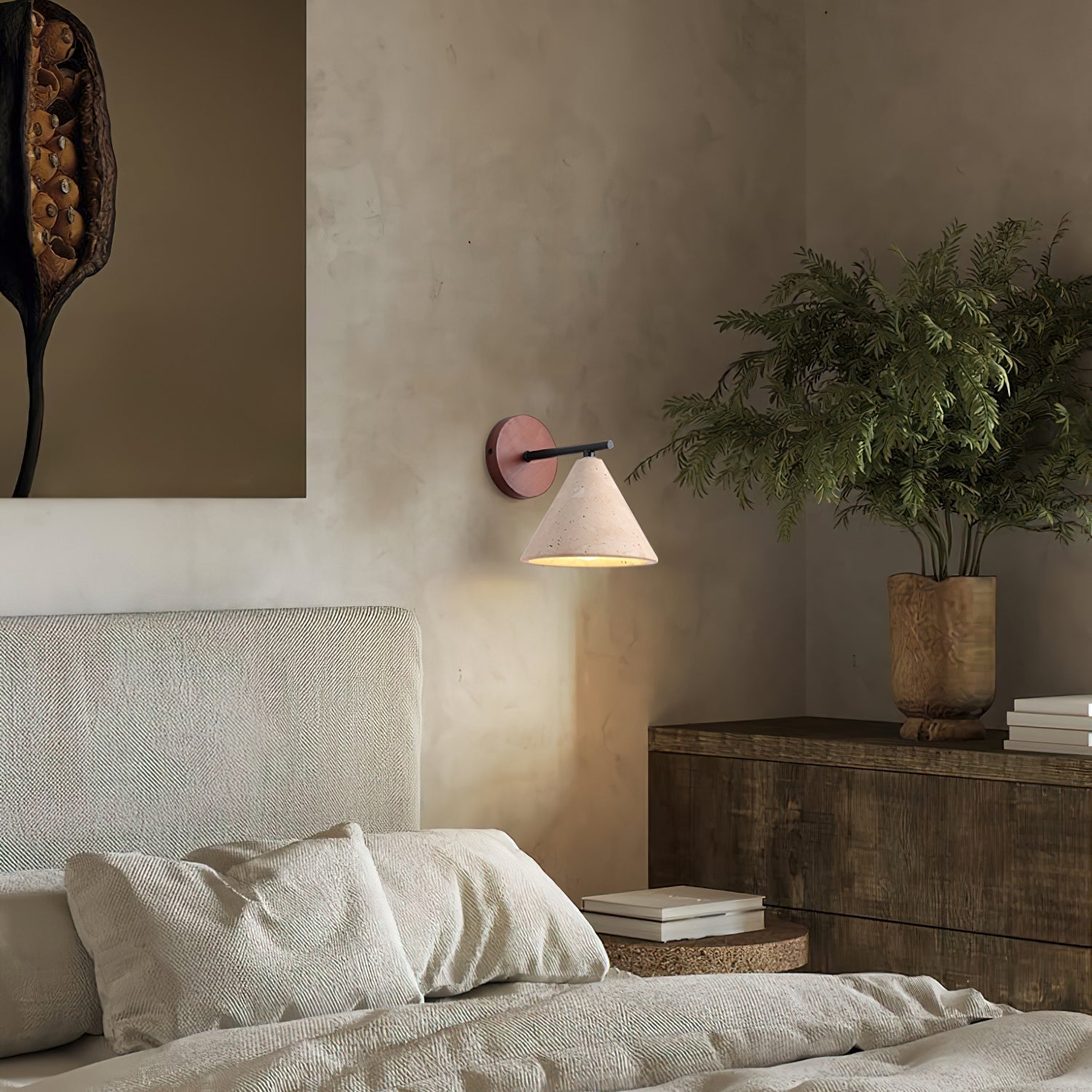 Finley Rustic Modern Wall Lamp - Yellow Travertine Shade, Damp Rated Sconce Light