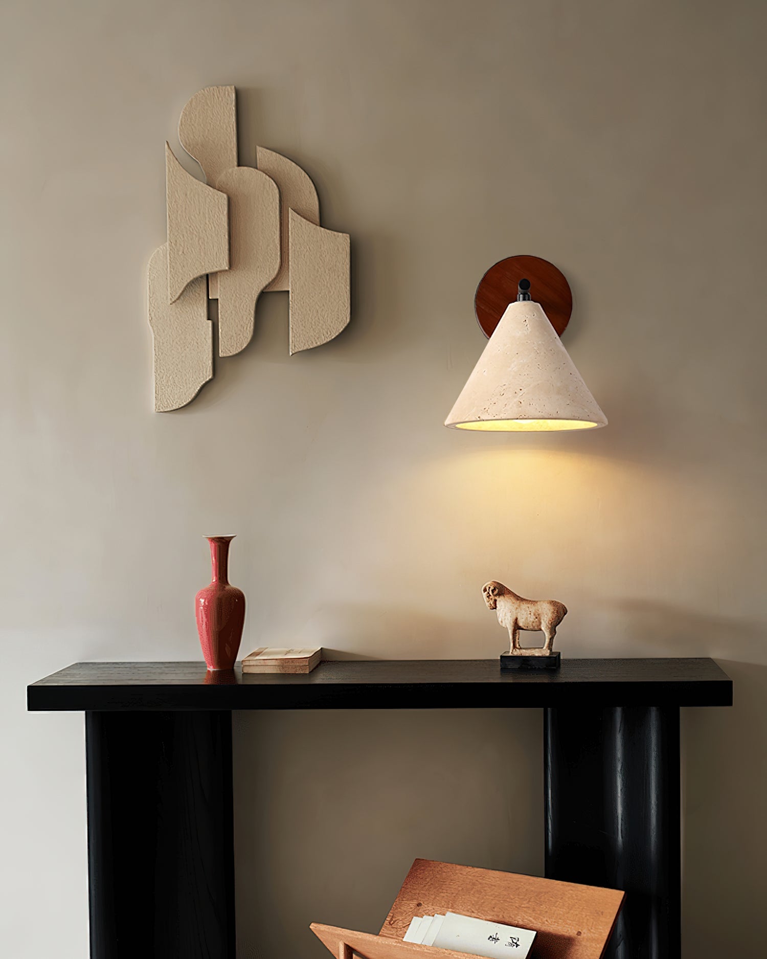 Finley Rustic Modern Wall Lamp - Yellow Travertine Shade, Damp Rated Sconce Light