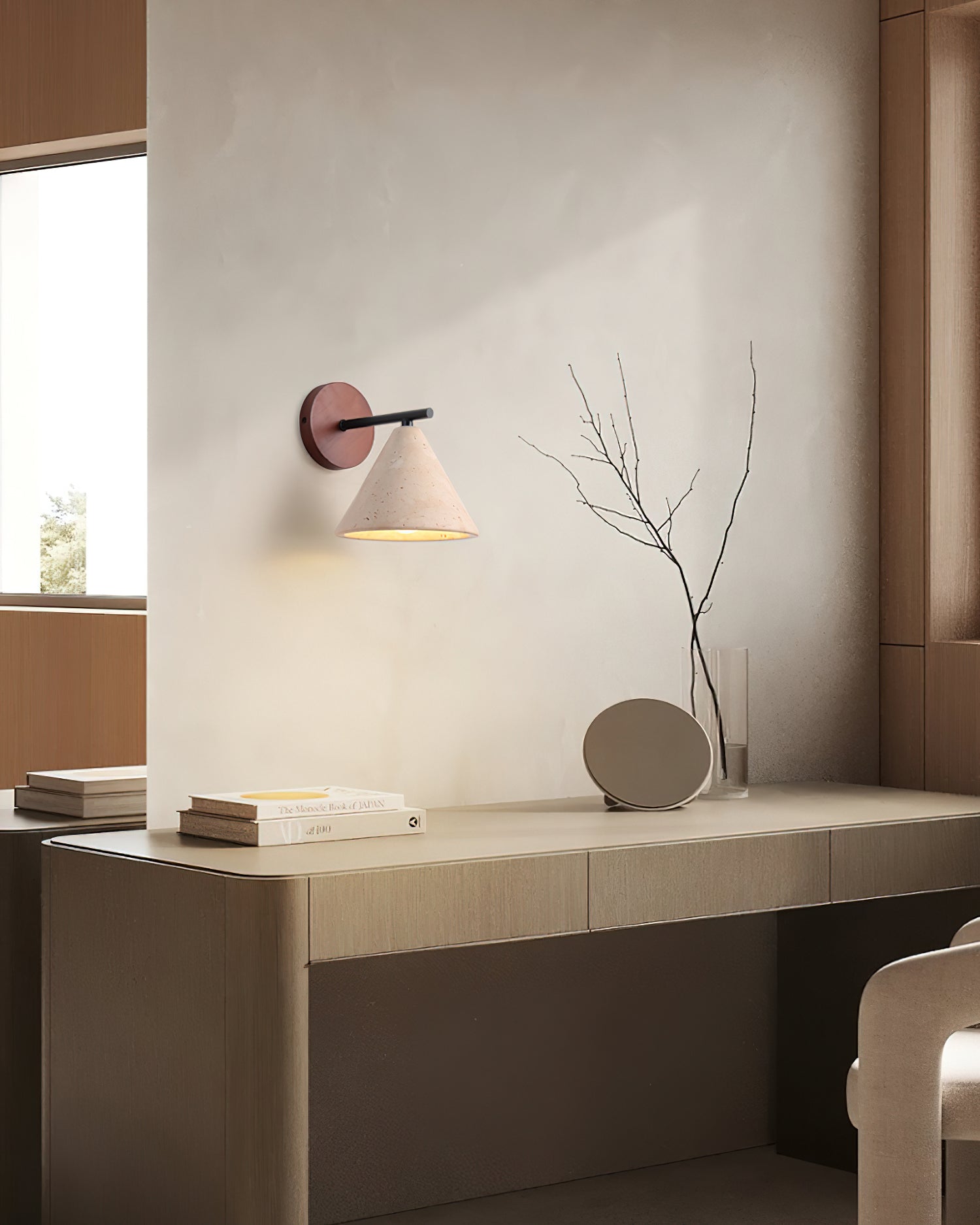 Finley Rustic Modern Wall Lamp - Yellow Travertine Shade, Damp Rated Sconce Light