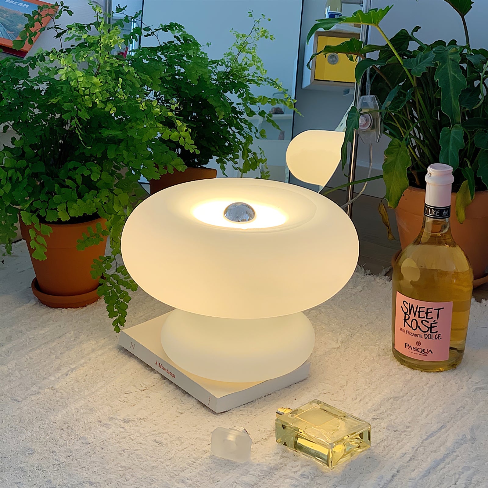 Mid-Century Donut Table Lamp with Frosted Glass Shade for Bedroom & Living Room