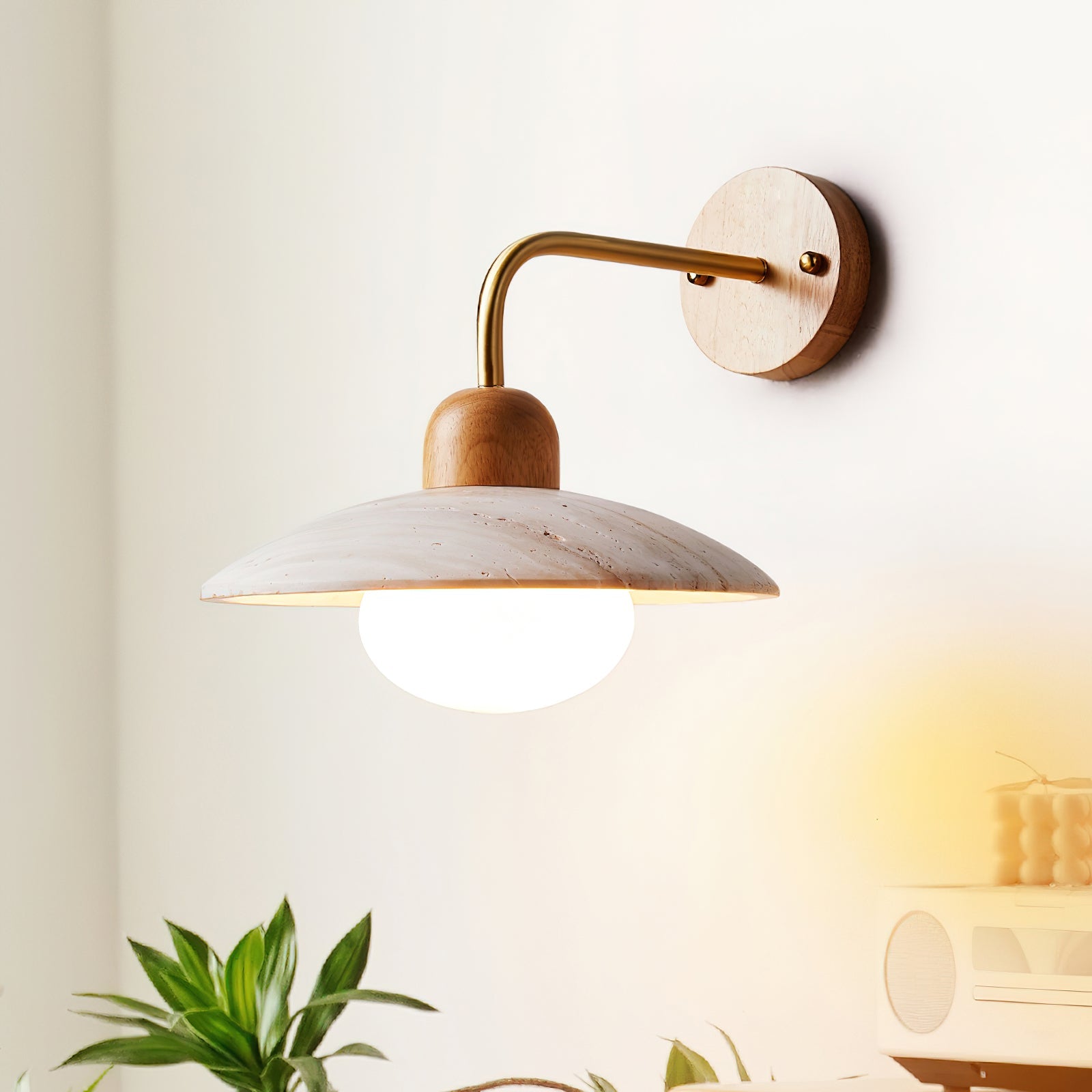 Carolia Modern Wall Lamp - Yellow Travertine Shade & Brass Arm, Damp Rated Sconce for Indoor/Outdoor Use