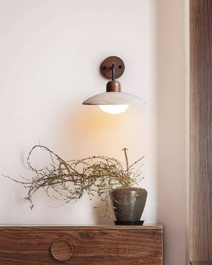 Carolia Modern Wall Lamp - Yellow Travertine Shade & Brass Arm, Damp Rated Sconce for Indoor/Outdoor Use