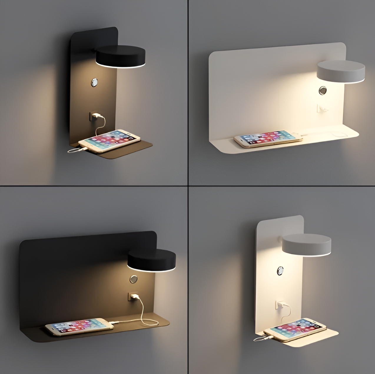 GlowNook | Wall Shelf Light – Dimmable USB Bedside Lamp